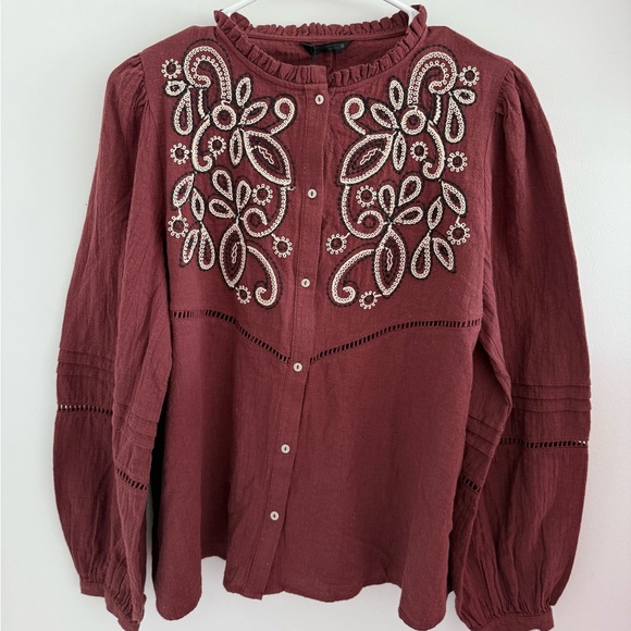 NWT Zara embroidered bib blouse in burgundy cotton - Picture 2 of 6
